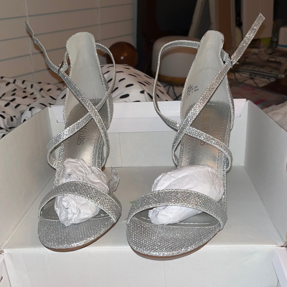 Sparkly silver small heel.